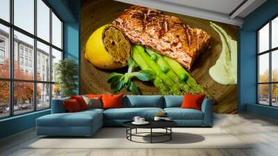 Slow Cooked Salmon fillet steak with salad on plate, Sous-Vide Cooking Salmon Fish Wall mural