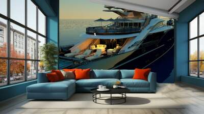 Extremely detailed and realistic high resolution 3D illustration of a luxury super yacht with a helicopter, a swimming pool and a jacuzzi Wall mural