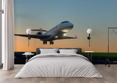 Luxury business jet during landing or takeoff on runway. Extremely detailed and realistic high resolution 3d illustration Wall mural