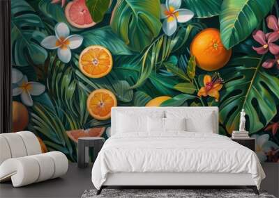 A colorful assortment of oranges, tropical flowers, and lush leaves creates a vibrant display of nature's beauty Wall mural