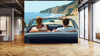 A couple drives along a picturesque coastal route, enjoying the ocean view and sunshine Wall mural