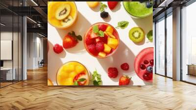 A delightful array of colorful fruit smoothies showcases various ingredients like berries and tropical fruits in a bright display Wall mural