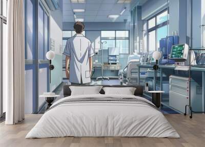 A doctor in a white coat is discussing health concerns with a patient in a clean, well-lit hospital environment Wall mural