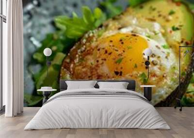 A fried egg inside an avocado half, served with leafy greens and spices Wall mural