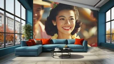 A group of Asian guests greets the sun at a beach resort, wearing colorful attire and floral leis, ready for a fun day ahead Wall mural