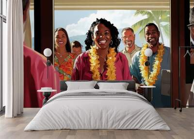 A joyful group of guests enters a tropical beach setting, wearing colorful attire and smiling, greeted with traditional floral leis Wall mural