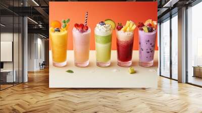 A vibrant collection of summer fruit smoothies in various colors and flavors served in tall glasses with fresh fruit garnishes Wall mural