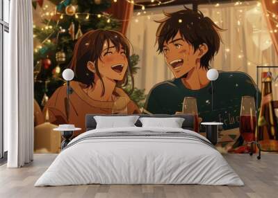 A young couple shares a moment of laughter with drinks in hand, celebrating the festive atmosphere at home with decorations and joy Wall mural