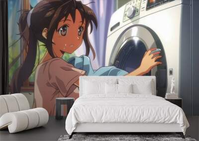 A young woman in casual attire is washing clothes in a modern washing machine, enjoying a sunny day indoors Wall mural