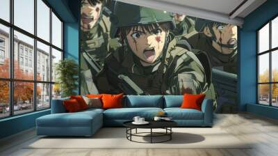 Anime soldiers show their injuries but remain determined in a chaotic battlefield, ready to continue the fight despite their wounds Wall mural