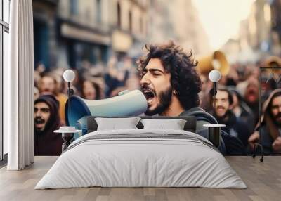 arabian moeslim male activist protesting on megaphone during a strike with a group of demonstrators  Wall mural