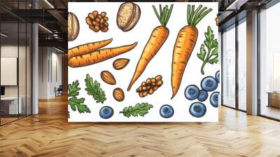 Colorful carrots, delicious nuts, and fresh blueberries are showcased in a playful arrangement, promoting healthy eating and nutrition Wall mural