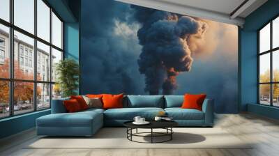 Dark clouds of smoke rise from chimneys, blending with the morning atmosphere while creating an industrial backdrop Wall mural