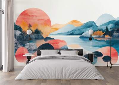 Lakeside rocks and serene mountains are bathed in sunset colors, creating a peaceful retreat in a retro risograph style Wall mural