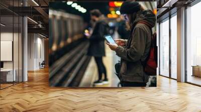 People wait on the subway platform during the evening rush hour, absorbed in their devices, as train lights illuminate the area Wall mural