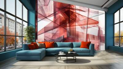 Red glass panels overlap and create a geometric abstract pattern in a modern building Wall mural