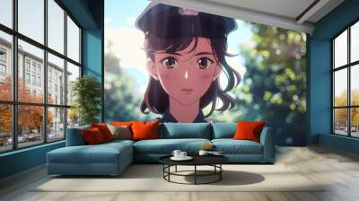 The anime policewoman exudes confidence and determination while wearing her uniform in a bright, vibrant outdoor setting Wall mural