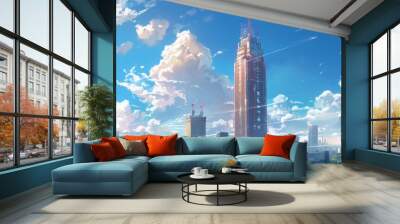 The towering skyscraper dominates the city skyline, with fluffy clouds drifting overhead, showcasing an imaginative urban landscape Wall mural