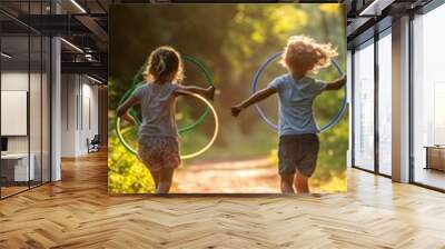 Two kids race with hula hoops on a bright dirt path lined with trees Wall mural