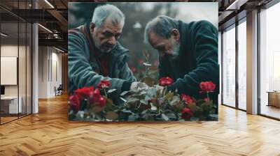 Two older men work together in a garden Wall mural