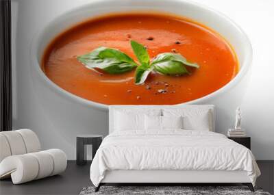 A bowl of tomato soup with a leaf of basil on top, transparent background. Healthy vegetarian lunch or appetizer. Wall mural