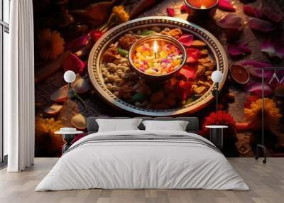 A high-angle shot of a Diwali sweet being served on a traditional platter,surrounded by colorful fl Wall mural