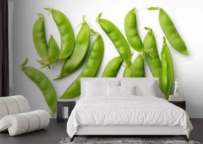 A visually stunning top view image of fresh snow peas on a clean white background, celebrating their crisp delight. Generative AI Wall mural