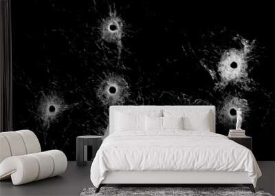 Broken glass - bullet holes isolated on black Wall mural