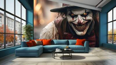 Frightening clown with glowing eyes and bloody makeup. Wall mural