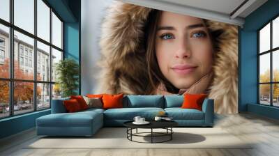 Glamour female model woman wearing winter fashion a fur coat with a hood over her head Wall mural