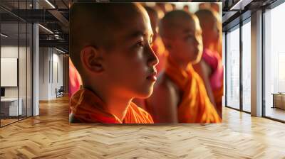 Group of monks are sitting in a circle, all wearing orange robes Wall mural