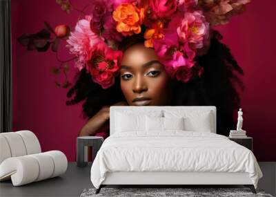 Portrait of a person with a flower: Close-up portrait captures a beautiful young black woman adorned with a flower crown, radiating glamour in bold colorism style. Generative AI Wall mural