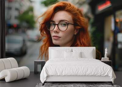 Red-haired woman with glasses looking over shoulder on a busy city street. Wall mural