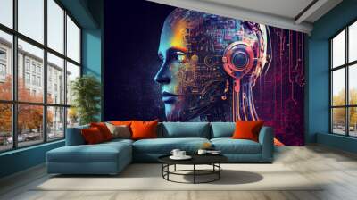 Side view of a humanoid head with blue and yellow eyes and vibrant neon neural network, representing futuristic technology and artificial intelligence. Generative AI Wall mural