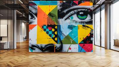 Street art mural graffiti depicting the face of an attractive woman with large eyes, surrounded by geometric patterns and vibrant colors. Wall mural