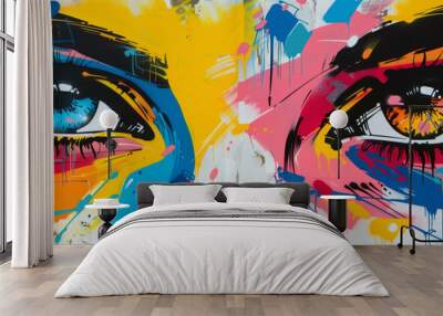 The painting is of two eyes with colorful eyelashes Wall mural