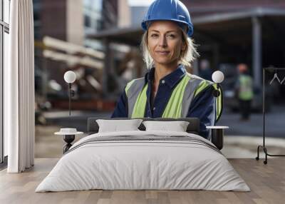 Woman with blue helmet: Confident female construction worker in a hard hat and hi-vis vest, arms crossed, at a bustling construction site. Wall mural