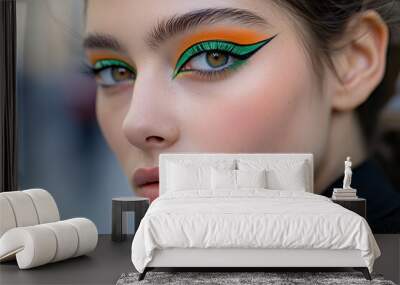 Woman with green and orange eye liner Wall mural