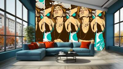 A woman is shown in four different poses, each with a different background color Wall mural