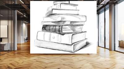 Hand Drawn stack of books sketch pencil illustration Wall mural