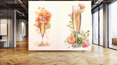 Artistic watercolor painting of a champagne glass with floral accents Ideal for home decor. gifts. or special occasions Delicate and elegant design that adds a touch of sophistication to any space. Wall mural