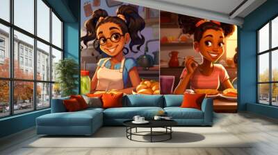 Cartoon character design of a joyful girl with brown skin and two ponytails Mom character design with straight hair Illustration of two characters having lunch together in the kitchen Wall mural