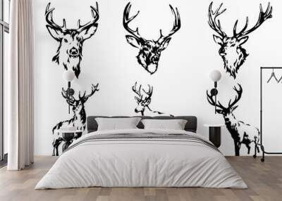 Deer vector black and white hand drawn illustration. Wall mural