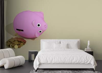 3d pink piggy bank. 3d render illustration of a pink piggy bank that fell, coins fell out. Pink piggy bank concept for designing web pages, online services.Concepts on the theme of finance and savings Wall mural