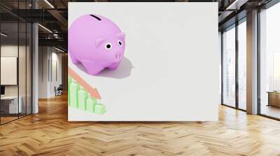 3d render illustration of a pink piggy bank next to a falling chart. Pink piggy bank concept for designing web pages, online services. Concepts on the theme of finance and savings. Wall mural