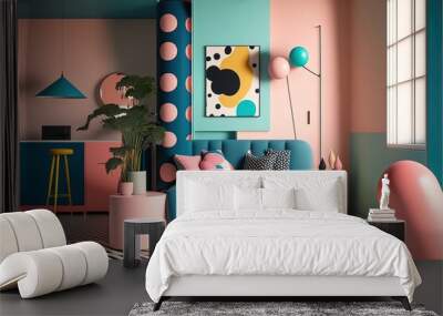 Memphis style room. Realism, colorful, living room, composition. Illustration. AI Wall mural