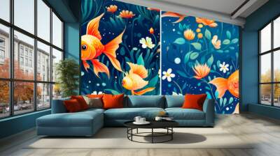 seamless pattern, four pictures, group of fish, Beautiful underwater design Ideal for ocean themed projects. Fish of different shapes and sizes swim together. Wall mural