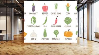 Set of caption vegetable icons isolated on white background. Bright and juicy hand drawn sticker pack. Big vector flat collection Wall mural