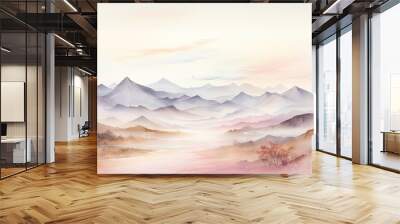 Soft pastel color watercolor abstract brush painting art of beautiful mountains, mountain peak minimalism landscape with golden lines, panorama banner illustration, white background Wall mural