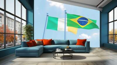 Brazil and Ireland, two flags waving against blue sky. 3d image Wall mural